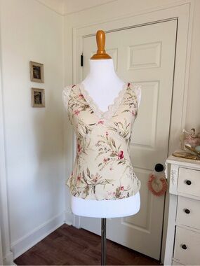 Vintage 2000s Y2K Silk Botanical Floral  Romantic Lace Trim Blouse - 0P
